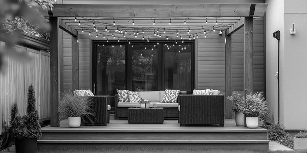 outdoor patio and pergola with garden furniture