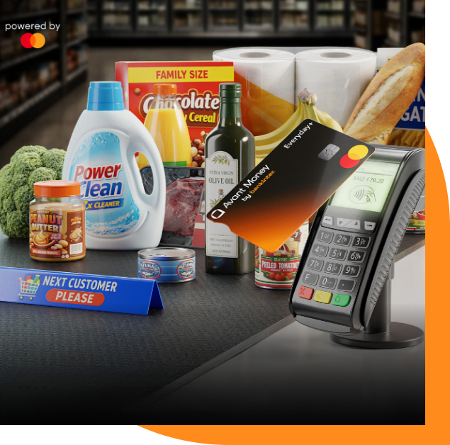A picture of a shopping checkout with groceries and the Everyday Plus card being tapped on a credit card machine.