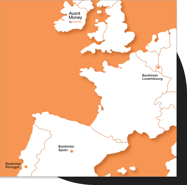 Map of europe showing Bankinter locations in Ireland, Spain, Luzembourg and Portugal